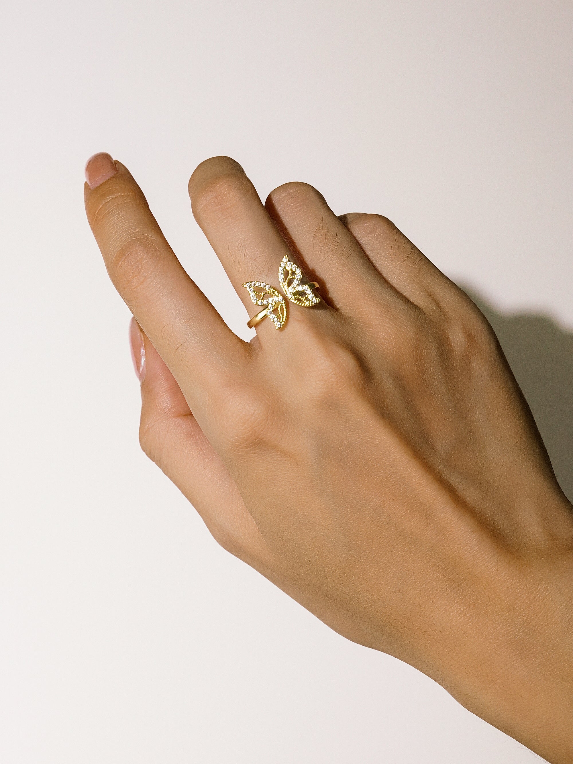 The Wings - 18K Gold Cubic Zirconia Butterfly Wings Adjustable Opening Ring